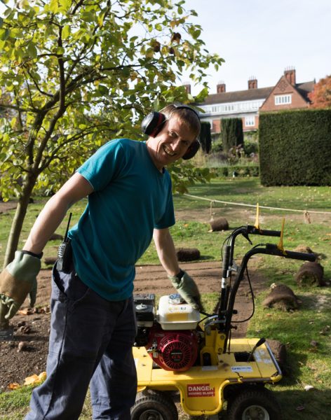 Huw helps lift turf on the Arboretum Lawn, photograph by Maggie Bucknall, The Week That Was, Winterbourne House and Garden, Digging for Dirt