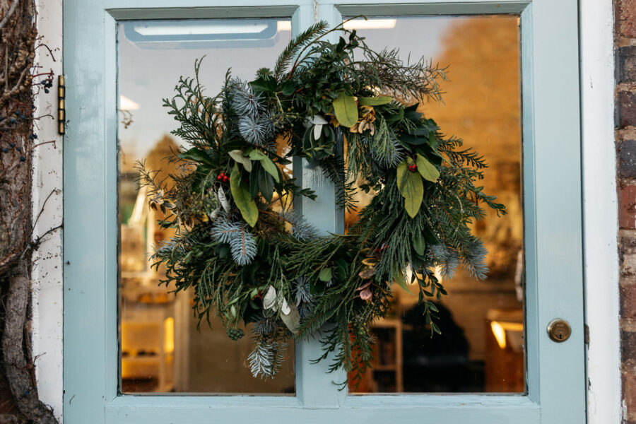 Christmas wreath on the shop door