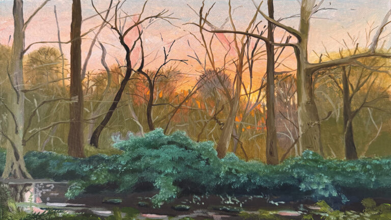 A painting of bare trees, with an orange sunset in the background, and greenery in the foreground.