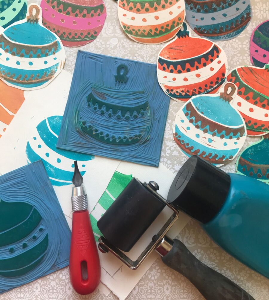 Linocut baubles in various colours